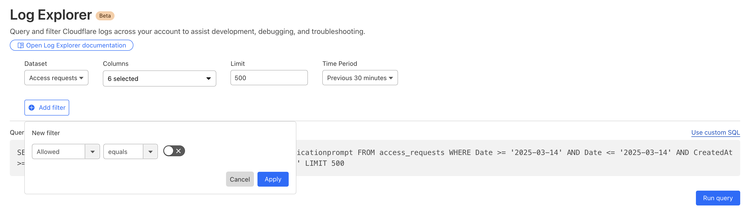 A query in Log Explorer, selecting 6 columns of the Access requests dataset, filtering on the Allowed field