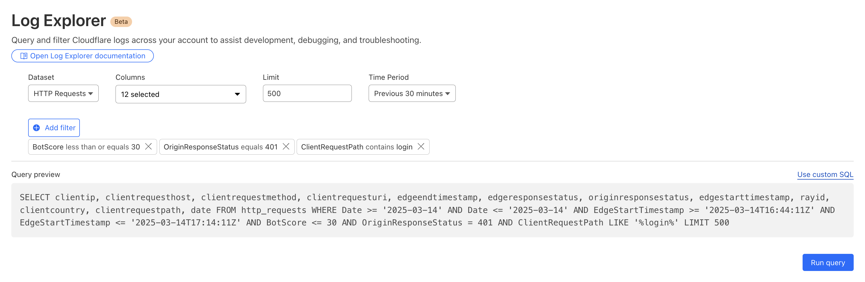 A query in Log Explorer, selecting 12 columns of the HTTP requests dataset, filtering on the BotScore, OriginResponseStatus, and ClientRequestPath fields