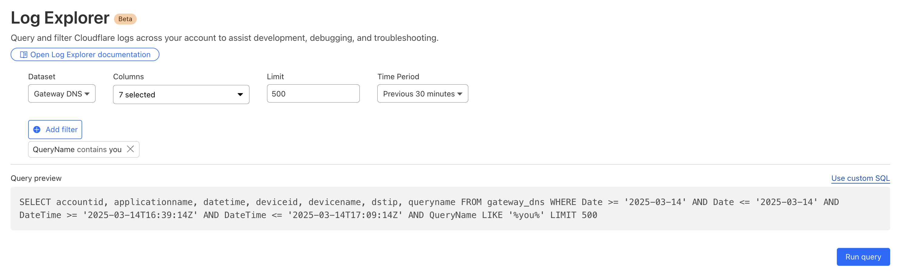 A query in Log Explorer, selecting 7 columns of the Gateway DNS dataset, filtering on the QueryName field