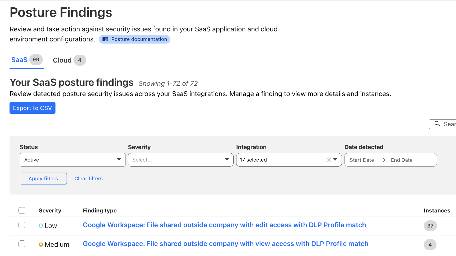 A screenshot of the Posture Findings page where examples of SaaS insights types are highlighted with corresponding severity and instances of matches.