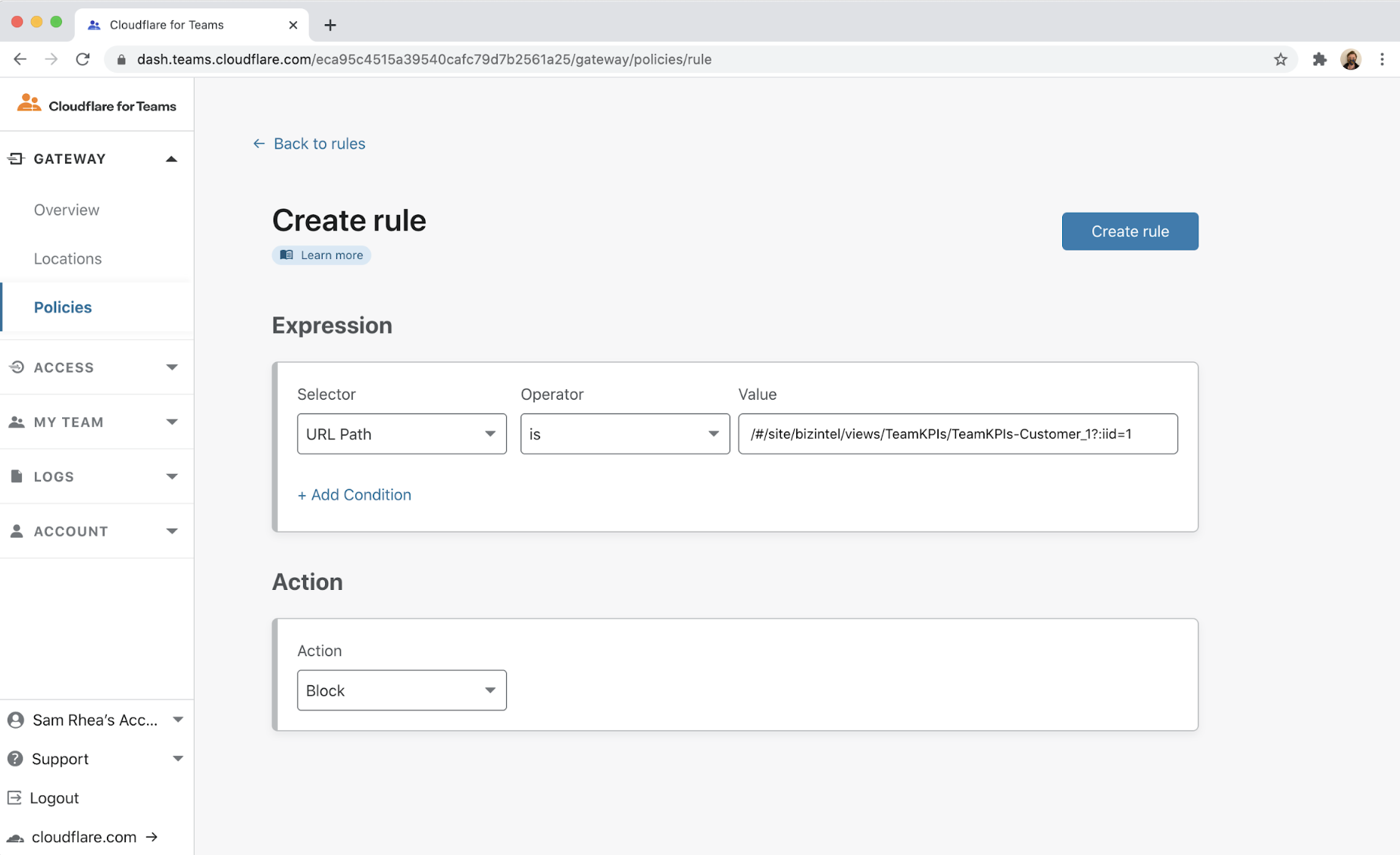 We can use Cloudflare Gateway to solve that problem. Gateway provides the ability to restrict certain URLs to groups of users; this allows us to add rules that only let specific team members reach records that live at known URLs.